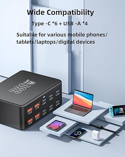 Miniatura 6 de Estación de carga USB C de 330 W, cargador USB C, 10 puertos de alimentación para múltiples dispositivos con PD 100 W, 65 W, 30 W, QC3.0, 18 W,
