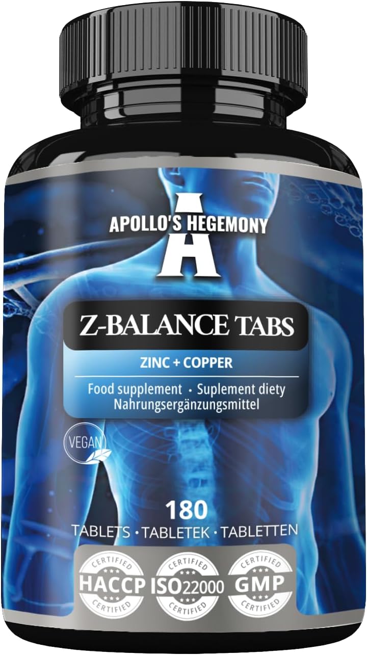 Z-Balance – Zink 12,5mg + Cooper – 180 tabletten Capsules – 720 porties – Zink bisglycinaat en Cooper bisglycinaat – Supplement voor gezond haar, huid en nagels – van Apollo’s Hegemonie