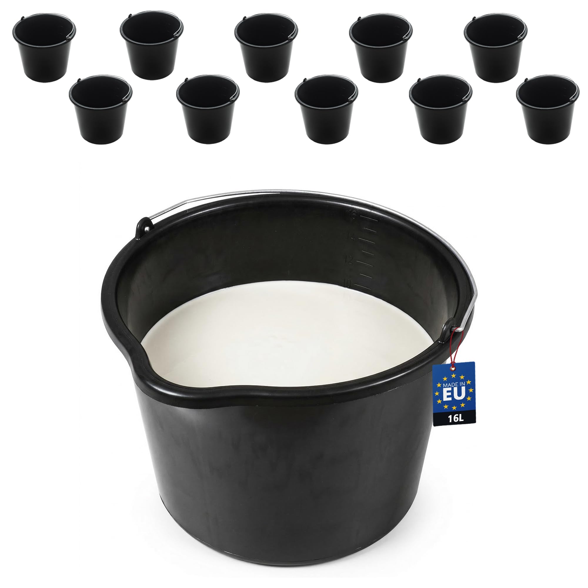 BAKOKI Robust Set of 10 Mortar Buckets with Spout 12 L Made of Recycled LDPE with Metal Headband and Inner Scale - Concrete Bucket, Cement Bucket, Cleaning Bucket & Water Bucket for Construction Site