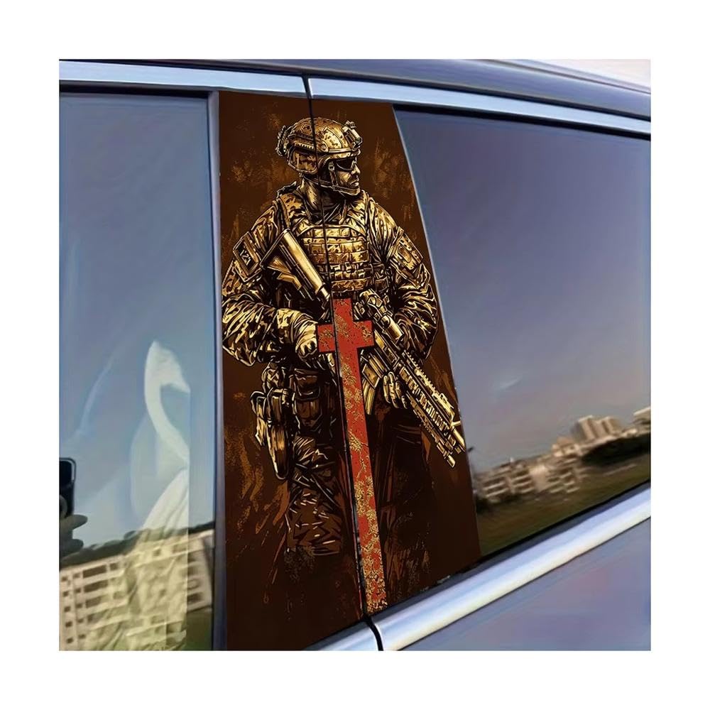 Dabhuoc One Color Car Parts 2Pcs Car Window Pillar Stickers Armed Soldier With Cross Glossy Material Protective Film