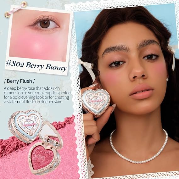 Flower Knows Bunny Garden Embossed Blush & Brush Set,Talc-Free Rose Satin Powder Blush,Highly Pigmented,Buildable&Blendable,Dimensional Cheek Color for a Luminous Finish,Gift-Worthy(S02 Berry Bunny)