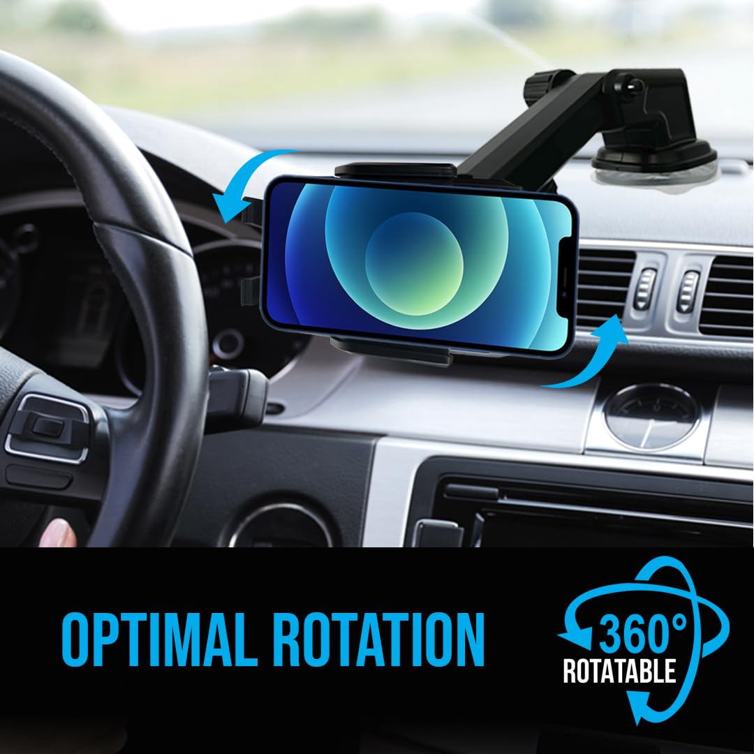 FAST TRACK USA 360 Car Phone Mount Holder Adjustable Telescopic Arm Cell Phone Mount Holder with Adjustable Cradle for Windshield, Dashboard and Office Desk. Compatible with Any Smartphone