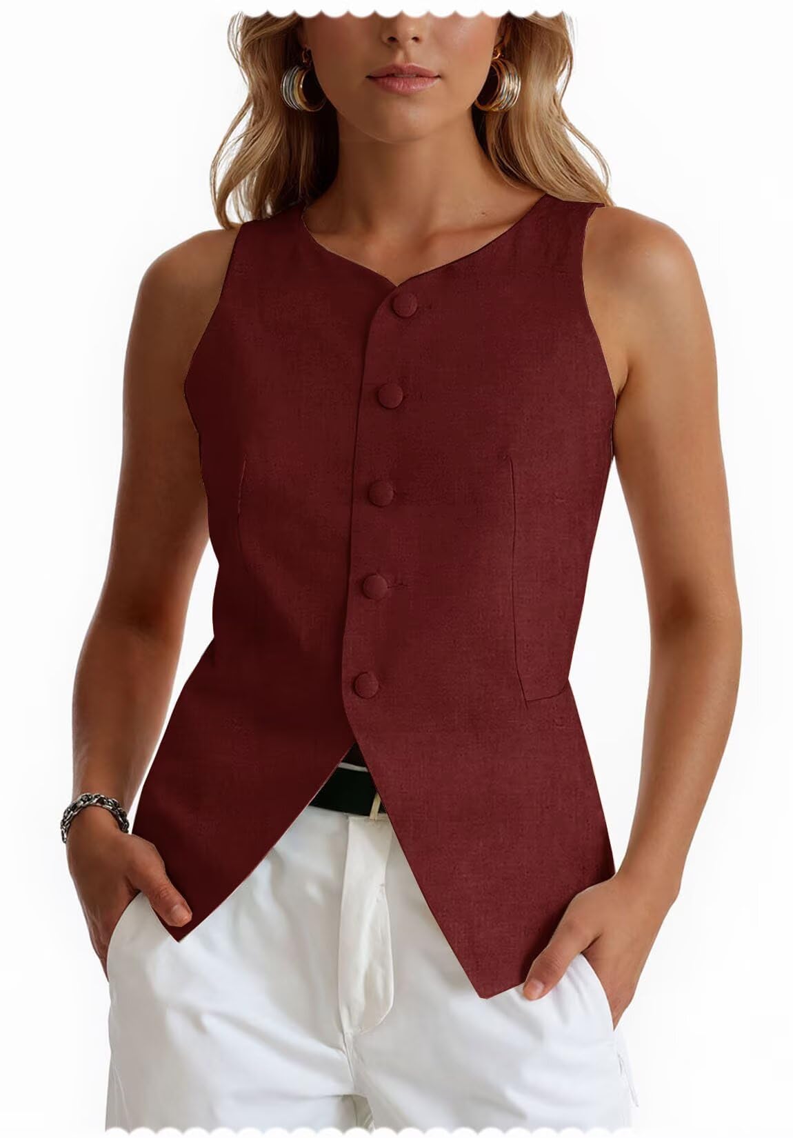 Womens V-Neck Linen Suit Vest 5-Button Slim Fit Casual Lightweight Sleeveless Waistcoat