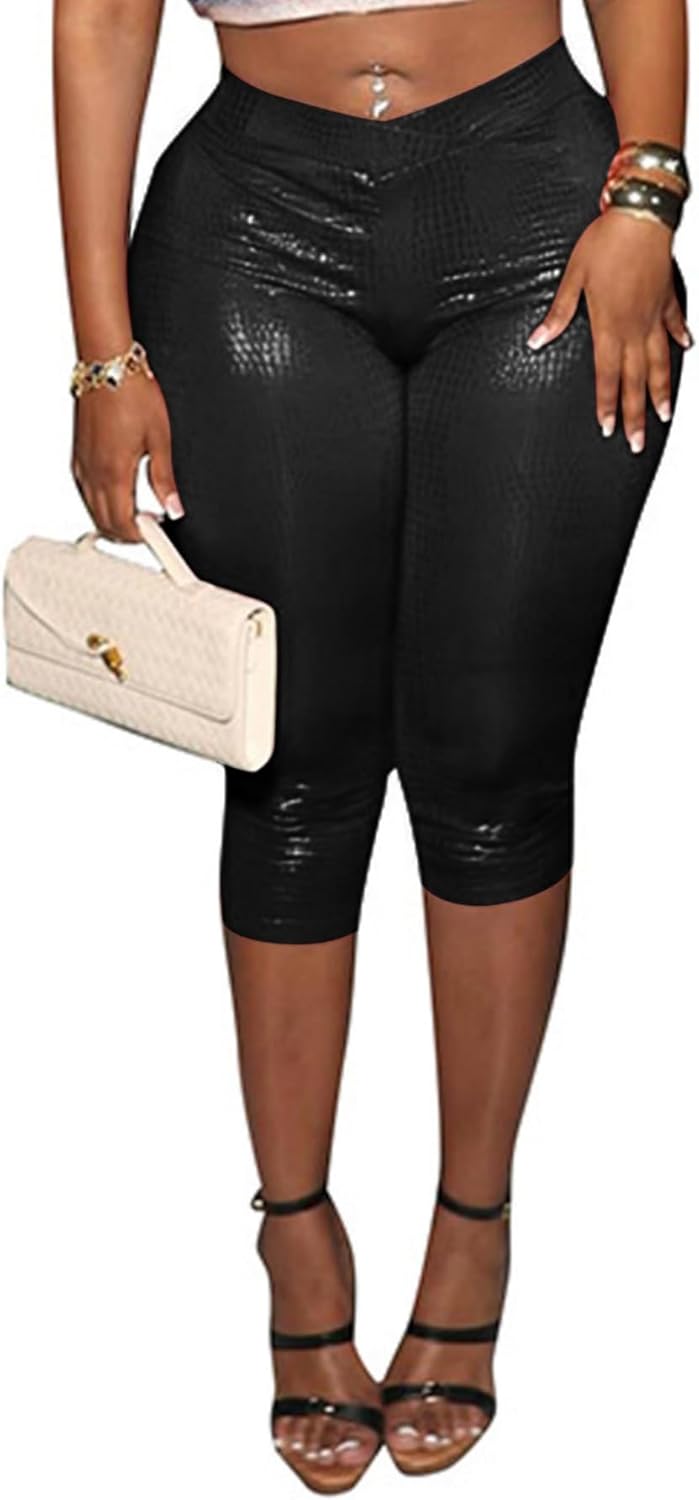 Unybwonn Women Faux Leather Capri Pants Bodycon Cropped Leggings Pants Crossover Elastic Waist Skinny Low Waisted Pants