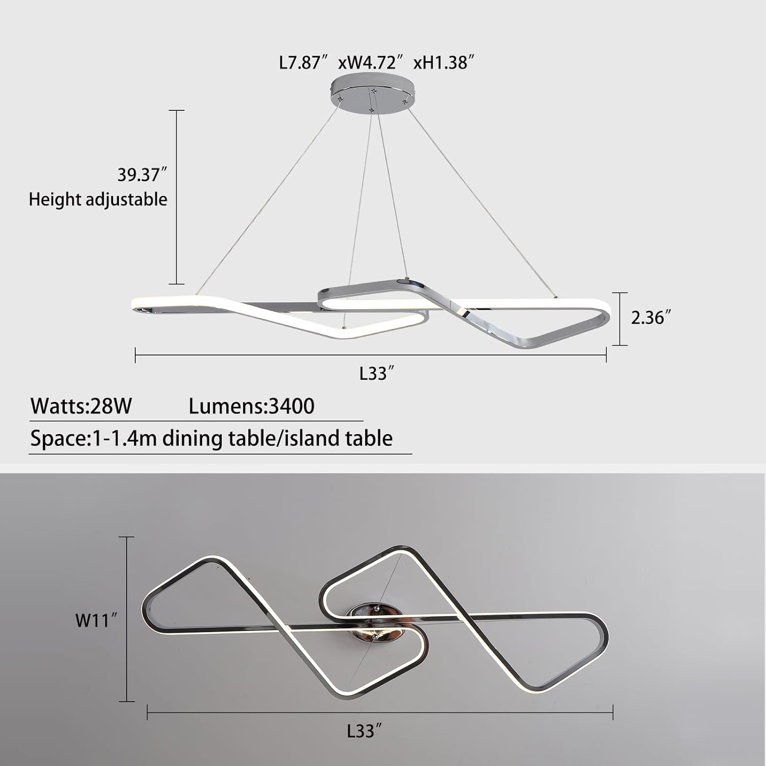 33" Modern Chrome Linear Chandelier, Dimmable LED Pendant Light with Adjustable Height, Sleek Mirror Finish for Dining Room, Kitchen Island, Living Room (3400LM, 3000K-6000K)