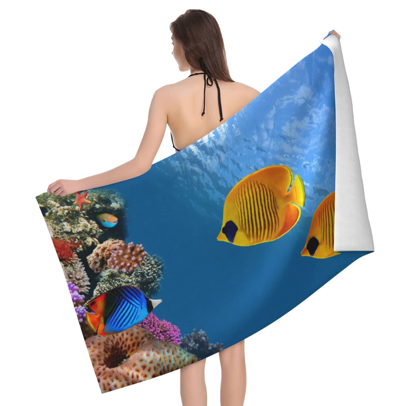 Lawenp Ocean Fish Beach Towel, Lightweight Sand Free Quick Dry Microfiber Absorbent Bath Towel for Kids, Adults, Swimming, Bath, Yoga, Pool, Travel, Camping 32"X52"