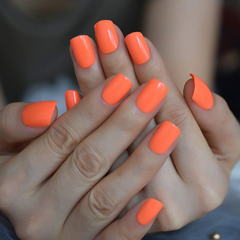Neon Orange Summer Fashin Press on Nails - iBeautying False Nails - UV Gel Finish Finger Daily Wear Nail - Short Squoval Reusable Fake Nails