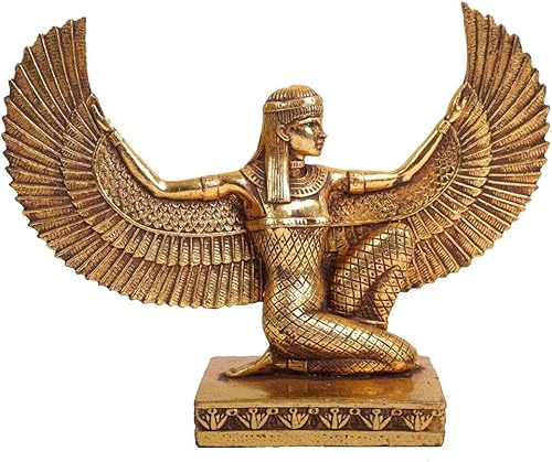 Estatua de la diosa egipcia Isis alas abiertas de polystone con hoja de oro pintura a mano