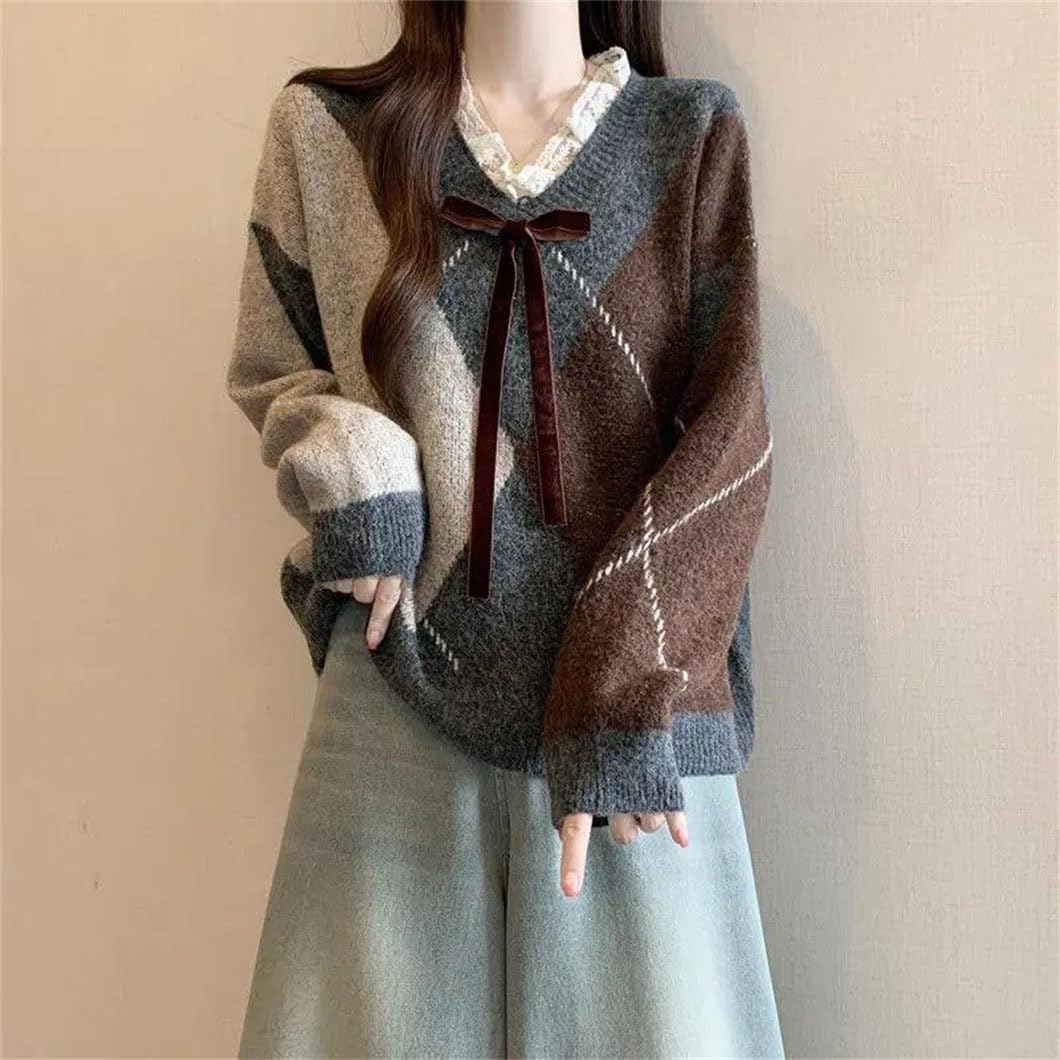 Women's Fall Winter Diamond Knitted Sweater V-Neck Lace-Up Bow Long-Sleeved All-Macth Pullover