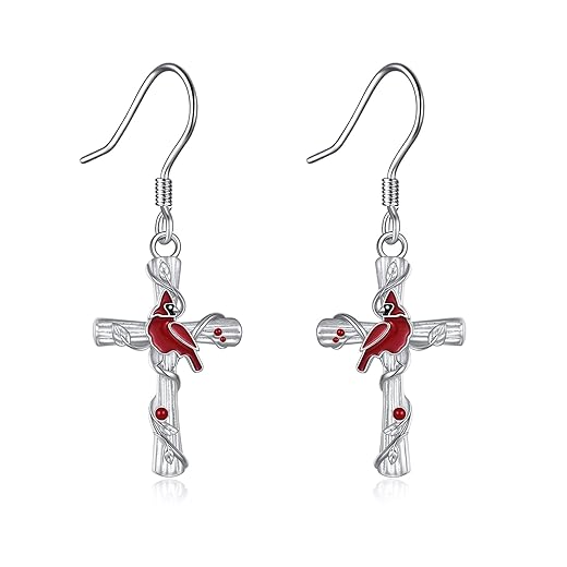 POPKIMI Red Cardinal Earrings S925 Sterling Silver Cardinal Jewelry Red Bird Memorial Red Cardinal Tree Dangle Earrings Jewelry Dangle Drop Hook Earrings Gift for Women Girls (Red Cardinal)