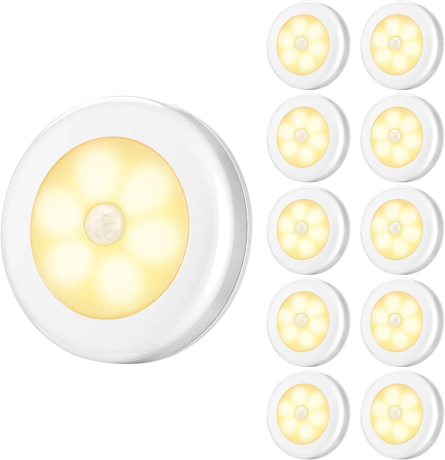 AMIR Upgraded 3.15” Motion Sensor Light Indoor, Cordless Battery Powered Stick on LED Night Lights for Closet, Stair, Under Cabinet, Hallway, Kitchen (Warm White - Pack of 10)