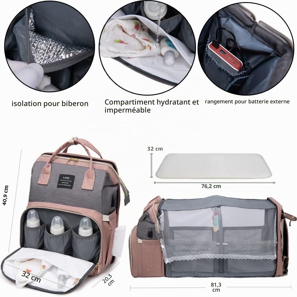 Sac à Dos à Langer avec,Grande Sac à Couches avec Matelas à Langer,sac à dos pour lit bébé,sac de voyage avec Lit Pliable et Pare-Soleil