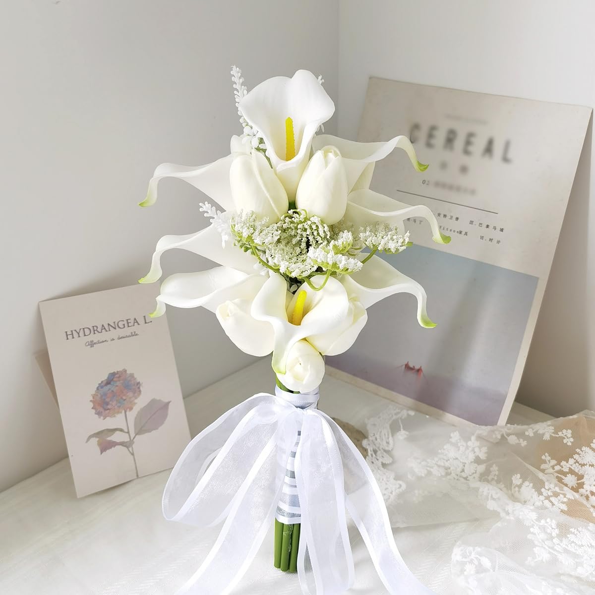 Tulips Calla Lily Artificial Flowers | Real Touch |Bridal Bouquet | Wedding Bouquet Home Décor Party (White) (White 1 Bouquet)