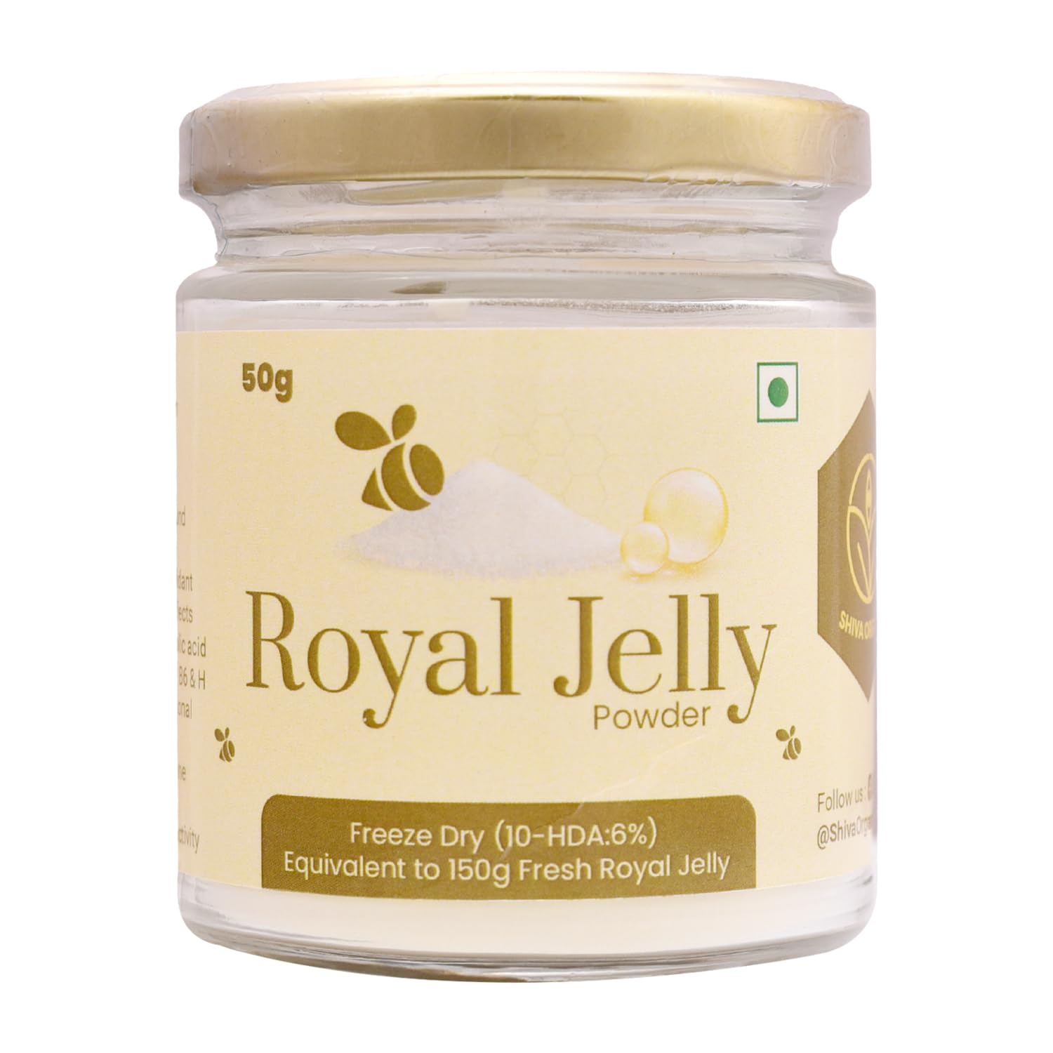 Shiva Organic Royal Jelly Powder, 1.76 Ounces (50g)- Freeze Dried - HDA: 6% - Immune Booster - High Minerals & Vitamins - Fertility Booster- - Equivalent to 150g Fresh Royal Jelly