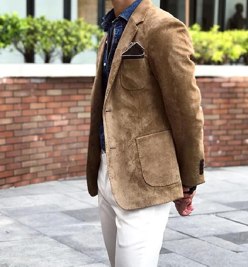 Mens Blazer Suede Jacket Casual 2 Buttons Sport Coat Faux Leather Suit Slim Fit Size XL