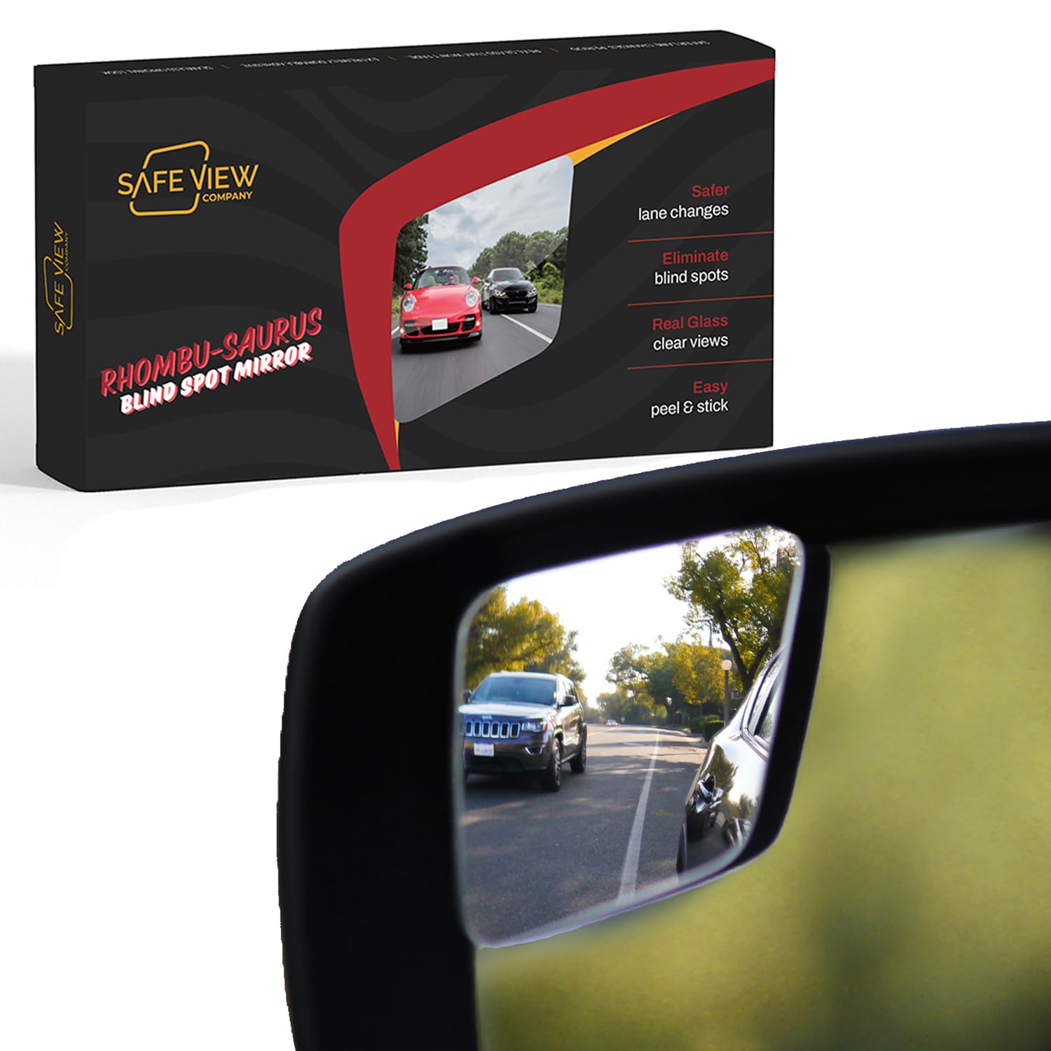 Photo 1 of "Rhombus 4000" Car Blind Spot Mirror by Safe View Company - Change Lanes w Confidence, Frameless HD Convex Glass, Seamlessly Contours to Rear View Side Mirrors, Peel & Stick (2Pack)