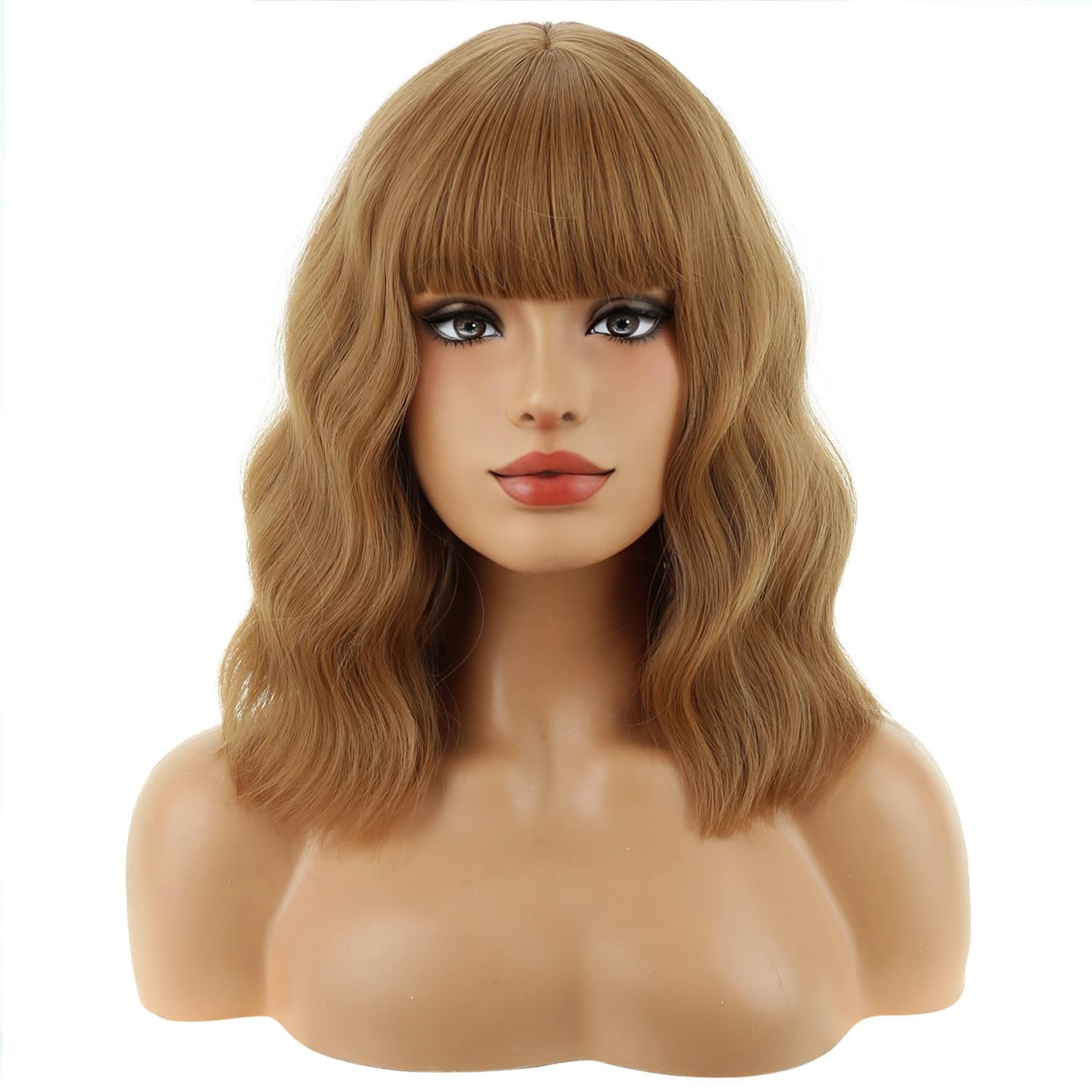 BERON 14 Inches Ash Blonde Wig with Bangs Short Curly Wig Short Ash Blonde Bob Synthetic Wigs for Women Daily Halloween Party or Cosplay Hairnet Include