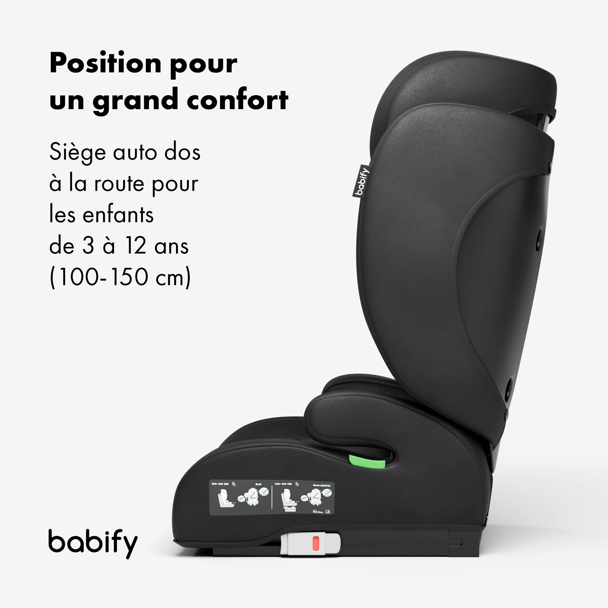 Babify siège Auto 15 à 36 kg - Isofix, appuie-tête 13 Positions, Pliant, Housse Lavable, ECE R129, Confort & sécurité pour Enfant 3-12 Ans, Noir