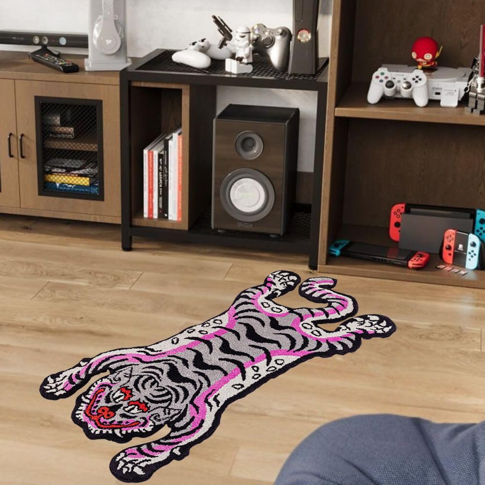 Alfombra capitoné de tigre tibetano de 5 x 3 pies para sala de estar, alfombras suaves y divertidas para dormitorio, alfombra lavable con respaldo antideslizante de TPR para decoración del hogar