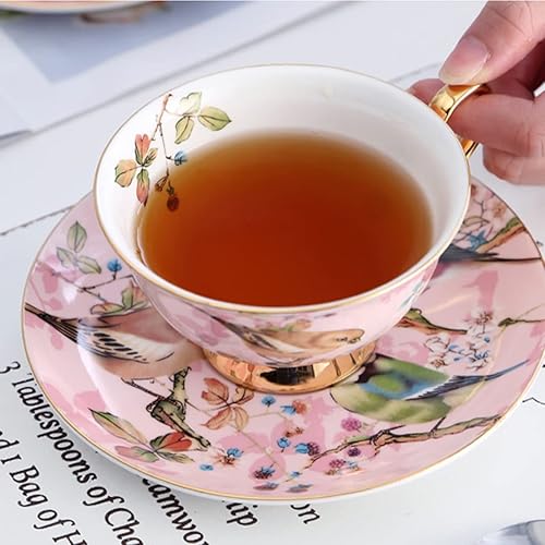 Miniatura 3 de Pink Bird - Juego de tazas de té de porcelana con platillo y cuchara, 7 onzas, tazas de capuchino y café con leche, regalo para el día de la madre