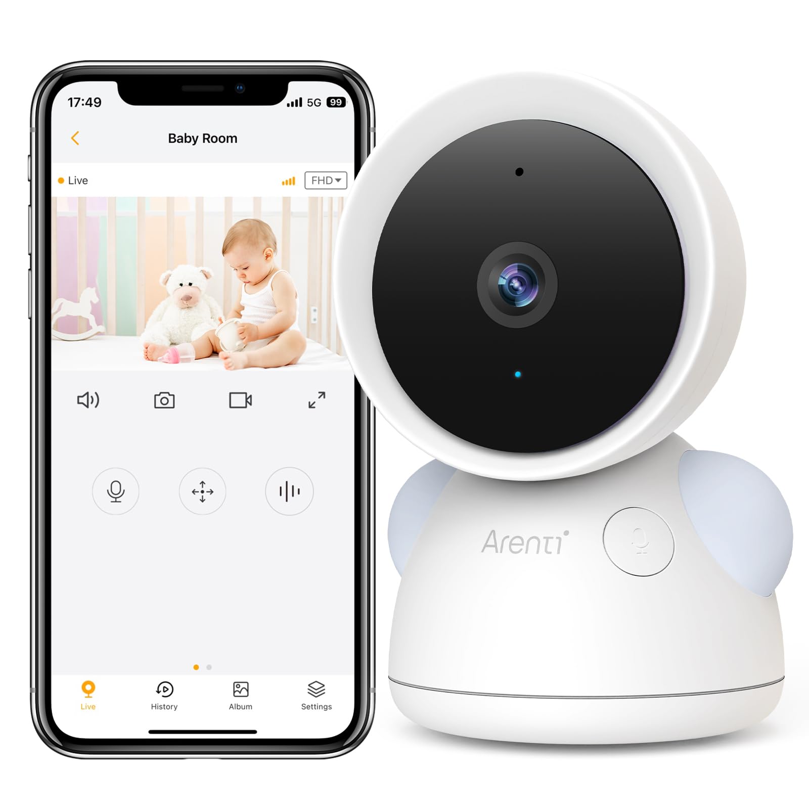 ARENTI Baby Camera Monitor, 2K/3MP WiFi 6, Smartphone App, Super Night Vision, Crying Detection, Auto Tracking, Temp&Humidity Sensor, Cloud&SD Card