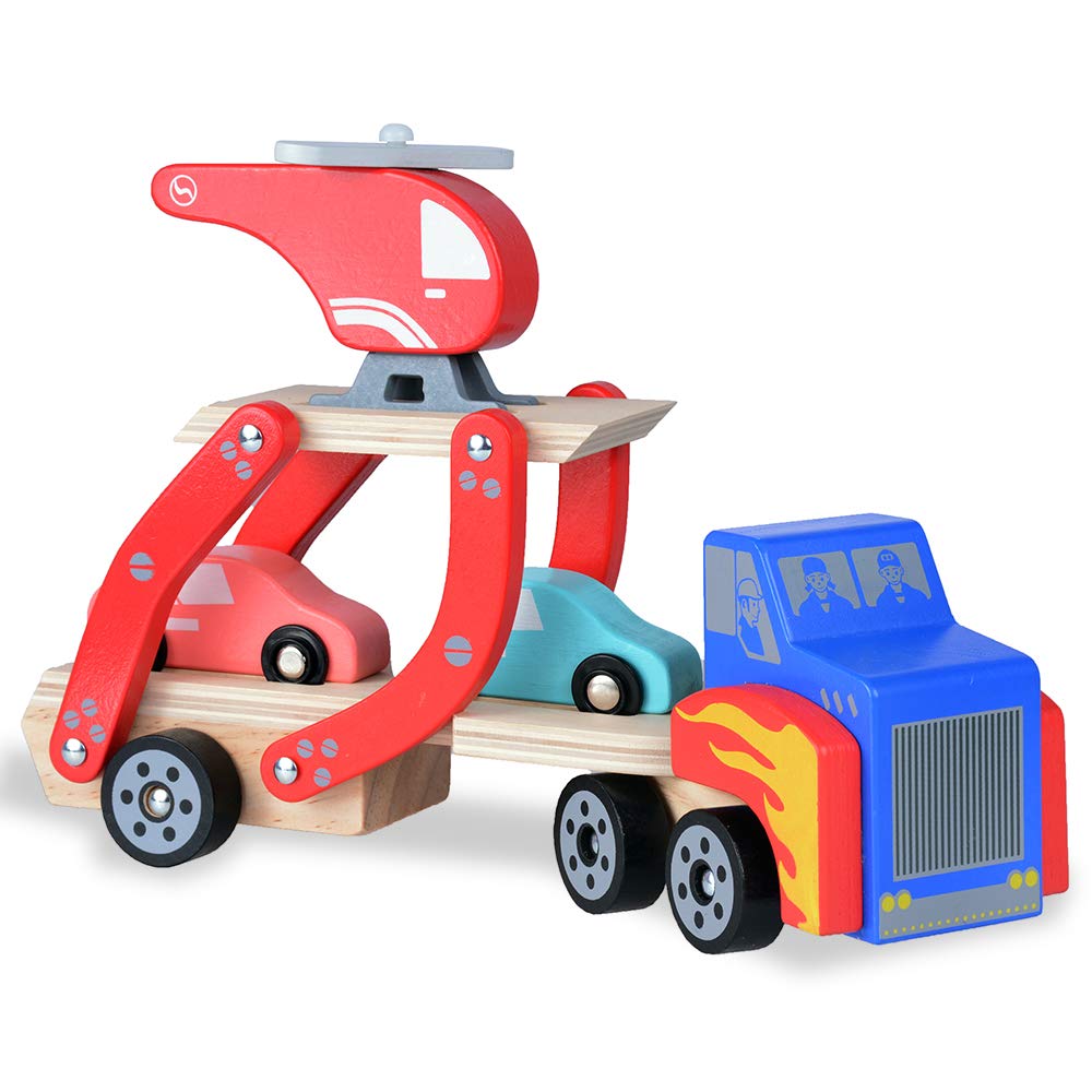 Rlimate Wooden Toddler Toys for Boys and Girls, Assorted Vehicle Playsets for 1 2 Years Old (1 Truck + 2 Cars + 1 Helicopter)
