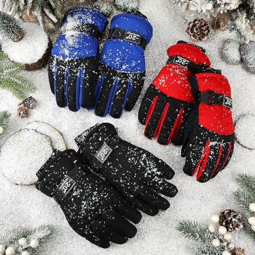 Image of Jansun 3 Pairs Kids Winter Gloves Warm Outdoor Windproof Adjustable Gloves Toddler Snowboard Gloves for Cold Weather Boy Girl Children