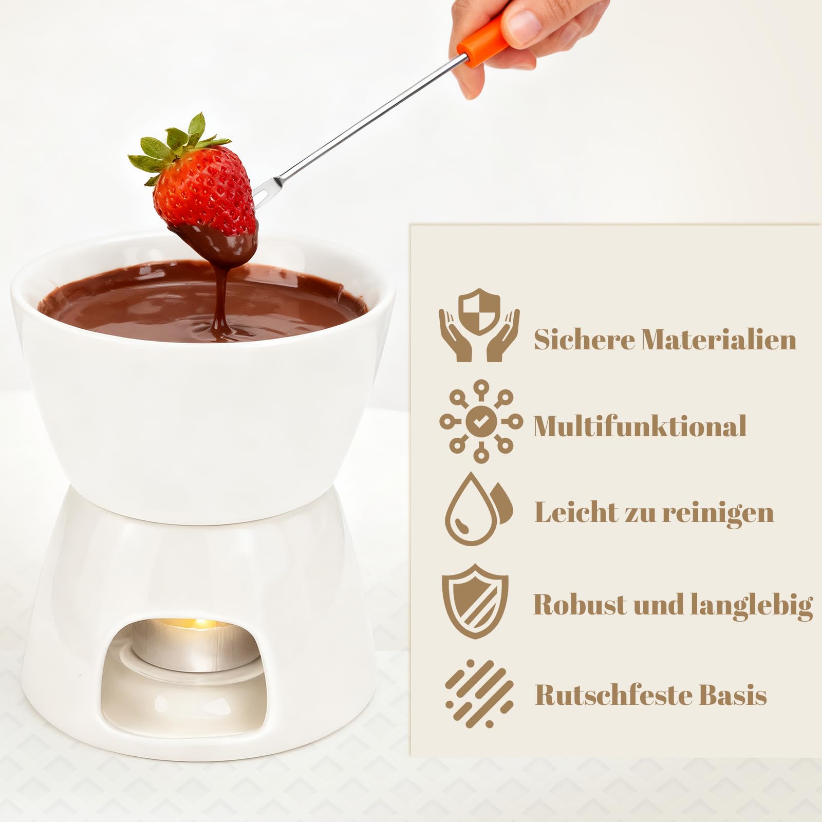 ELNLE Keramik Schokofondue Tasse Schokoladenfondue Sets, Schoko Fondue Tassen, mit 4 Gabeln, Chocolate Fondue Cup, für Schokolade Käse Fondue Familienessen Nachtisch (Schokoladenfondue, Weiß)