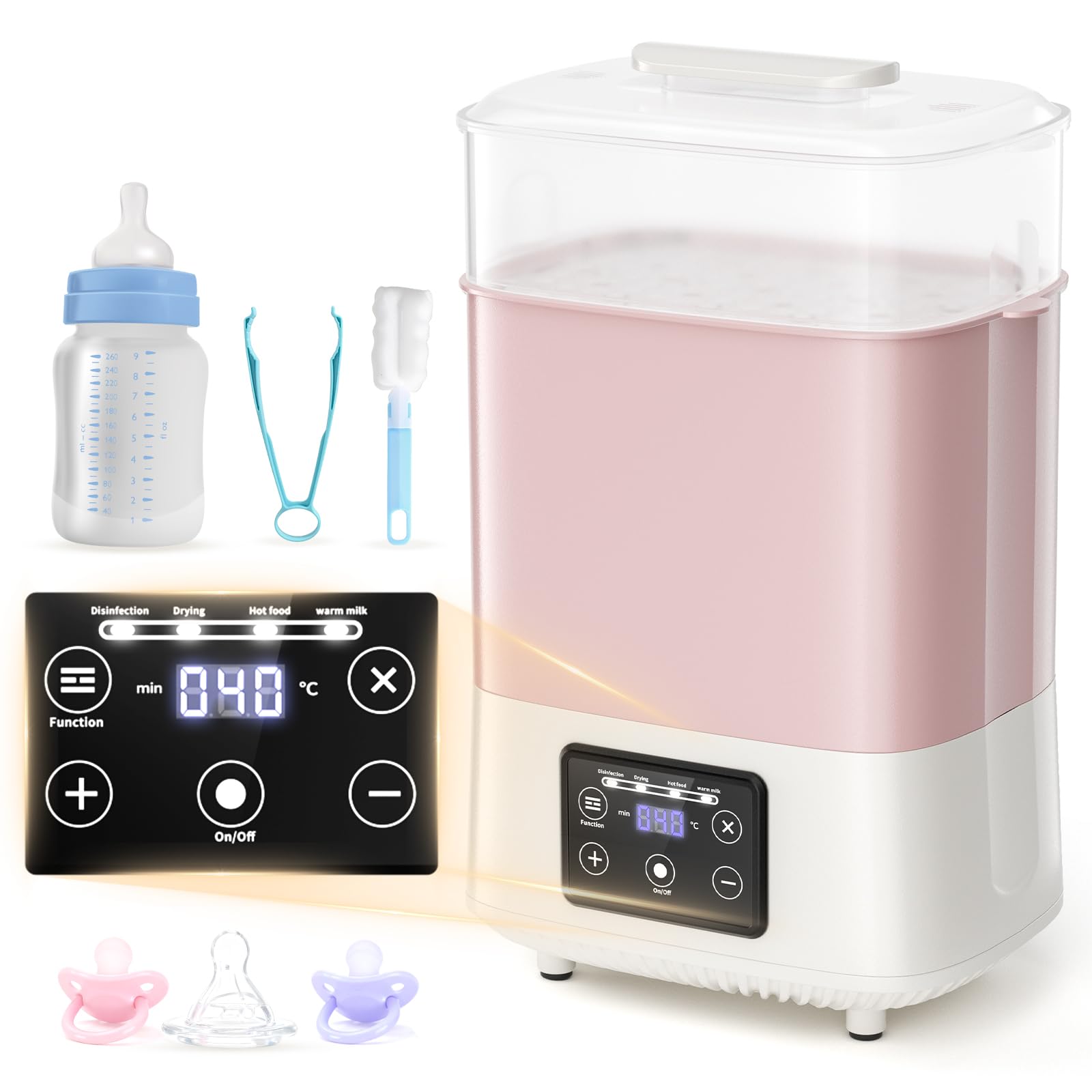 Kidken Baby Bottle Steriliser and Dryer, Large Size Hold 8 Bottles and Pacifiers, 4-in-1 Electric Steam Steriliser for Baby Bottles,Breast Pump Parts,Teething Toys,Milk & Food Warmer (Pink)