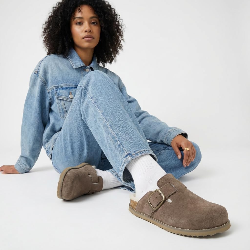 CUSHIONAIRE Blain Fur Genuine Suede Clogs for Women, Cozy Slip-On Womens Slippers with Detailed Stitching and Memory Foam Comfort - Image 8