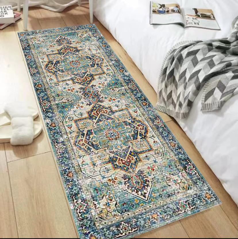 Tapis de salon lavable en machine bleu vintage traditionnel 60x150cm à poils courts