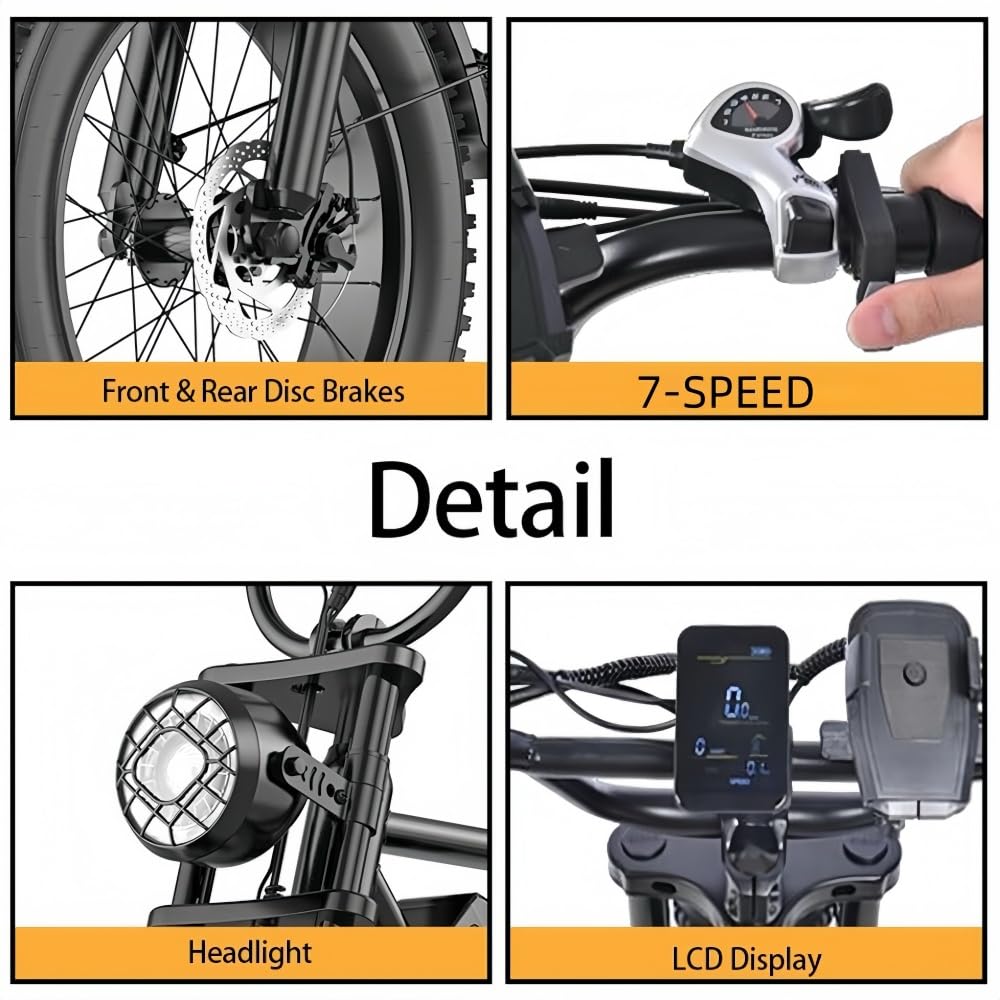 BK20 Bicicleta eléctrica para Adultos, 48V 20Ah, batería extraíble, Larga autonomía 60-100 km, Bicicleta eléctrica 20 Pulgadas, Todoterreno, suspensión Doble, 7 Marchas, Freno de Disco Doble