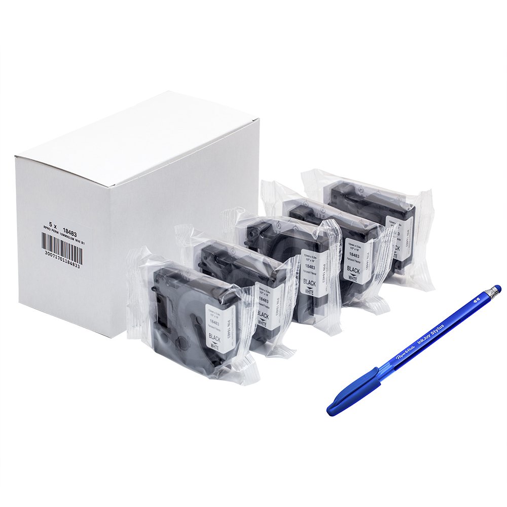 5 x Dymo 18483 Rhino industrial-strength Permanent Stoff Label Klebeband, 12 mm x 5,5 m Kassette schwarz Druck auf wei + Papermate Kugelschreiber Geschenk