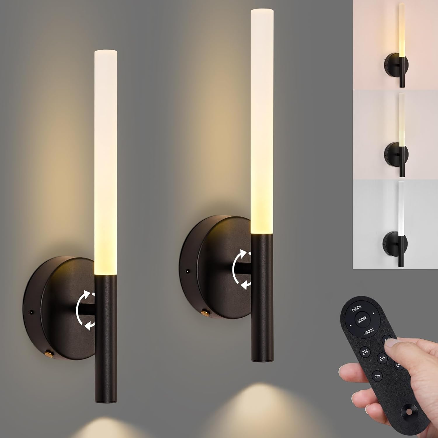 ZEROUNO Battery Operated Wall Sconces Set of Two, 360°Rotation Wireless Rechargeable Wall Lights, 3000K-6000K & Dimming LED Wall Lights for Living Room Bedroom Bathroom Hallway 15.7inch