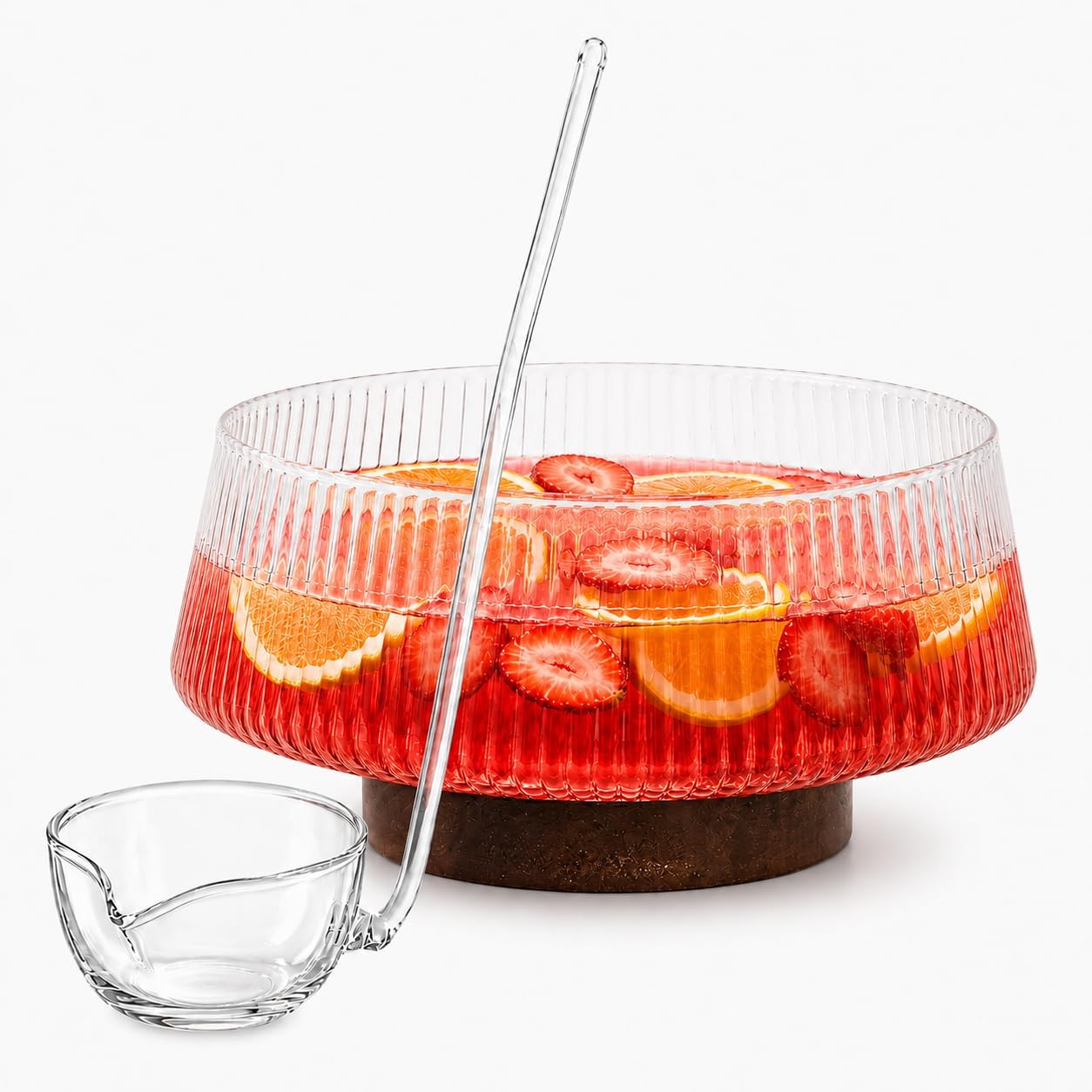 Large Glass Punch Bowl Set with Glass Ladle and Wooden Base, Clear Ribbed Serving Bowl for Drinks, Fruit, Candy, Salad, Parties and Daily Use