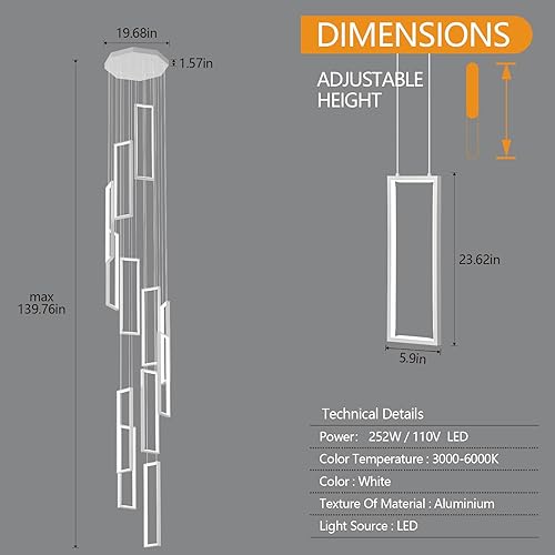 Miniatura 69 de Lámpara colgante moderna para isla de cocina, regulable, color negro, 54 W, luces colgantes LED, 4 anillos, candelabros rectangulares, escalera