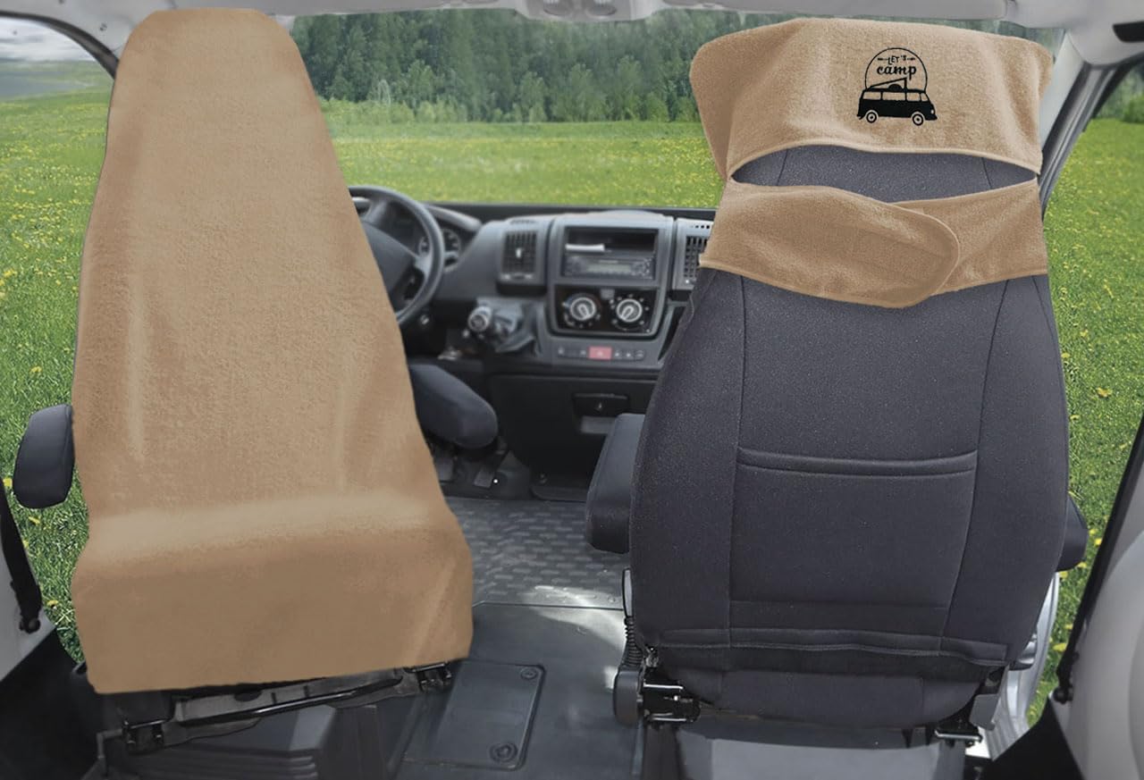 Castejo Schonbezug mit Stickung Let's Camp zum Schutz der Sitze im Wohnmobil & Auto (Hellbraun/Lets Camp)