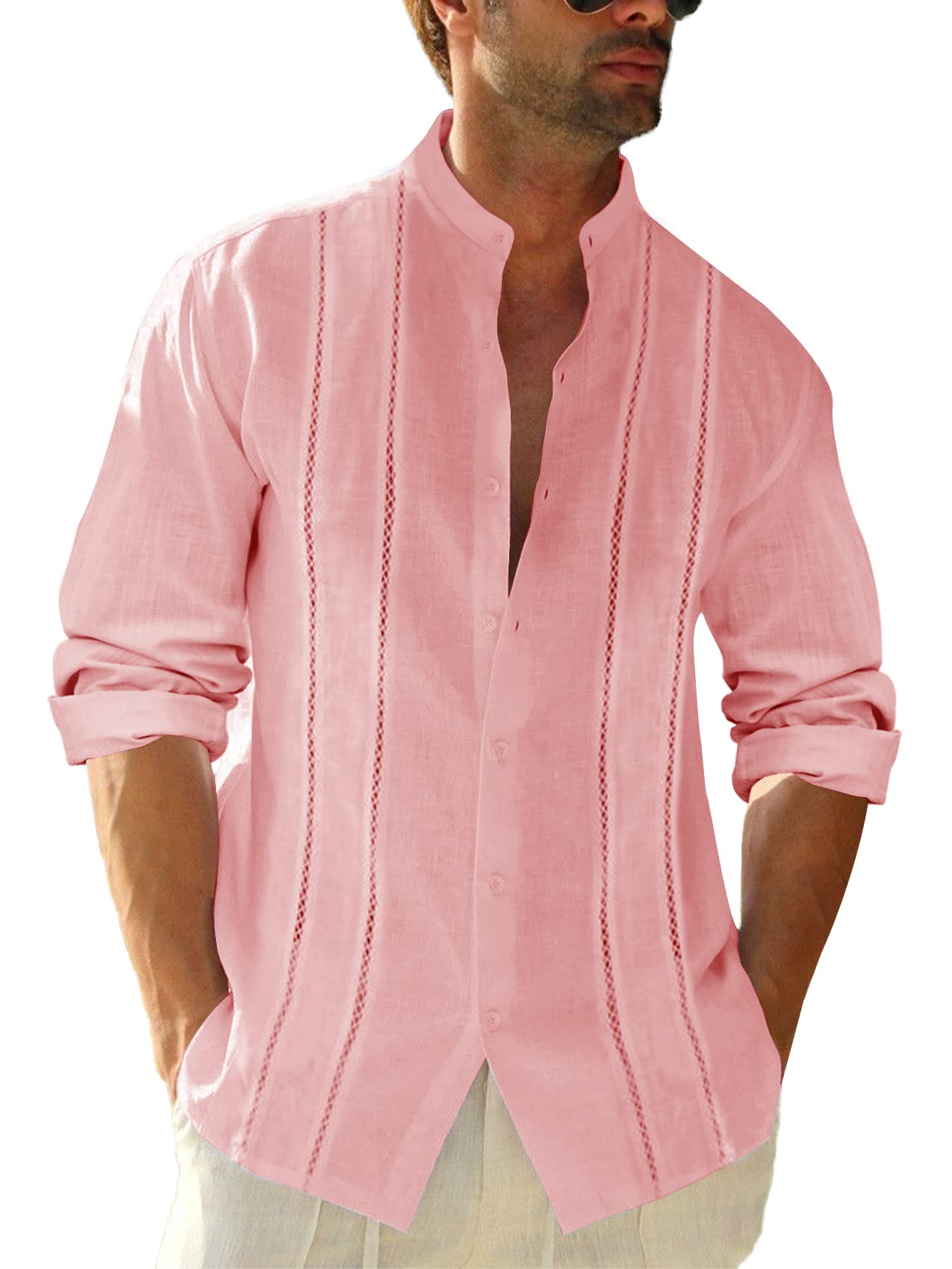 Mens Casual Linen Cotton Shirts Cuban Guayabera Long Sleeve Button Down Shirt Band Collar Beach Tops
