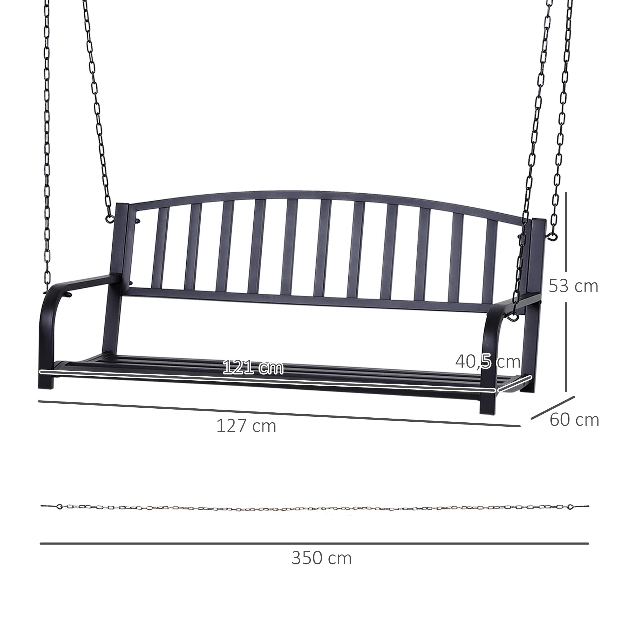 Outsunny Hängebank 2-Sitzer Gartenschaukel Schaukelbank Hollywoodschaukel Schwebebank mit Ketten Metall Schwarz 127 x 60 x 53 cm