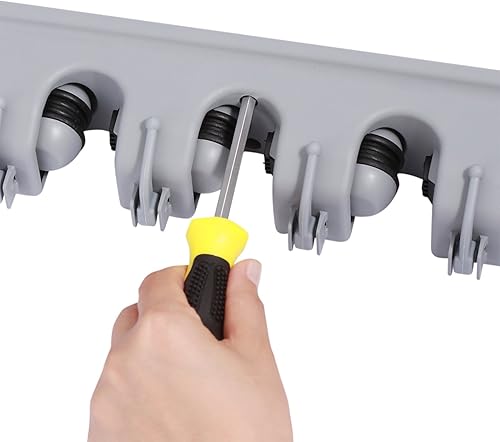 Miniatura 5 de TOGU Soporte para trapeador y escoba montado en la pared, estante de almacenamiento de 3 posiciones con 4 ganchos retráctiles para hasta 7