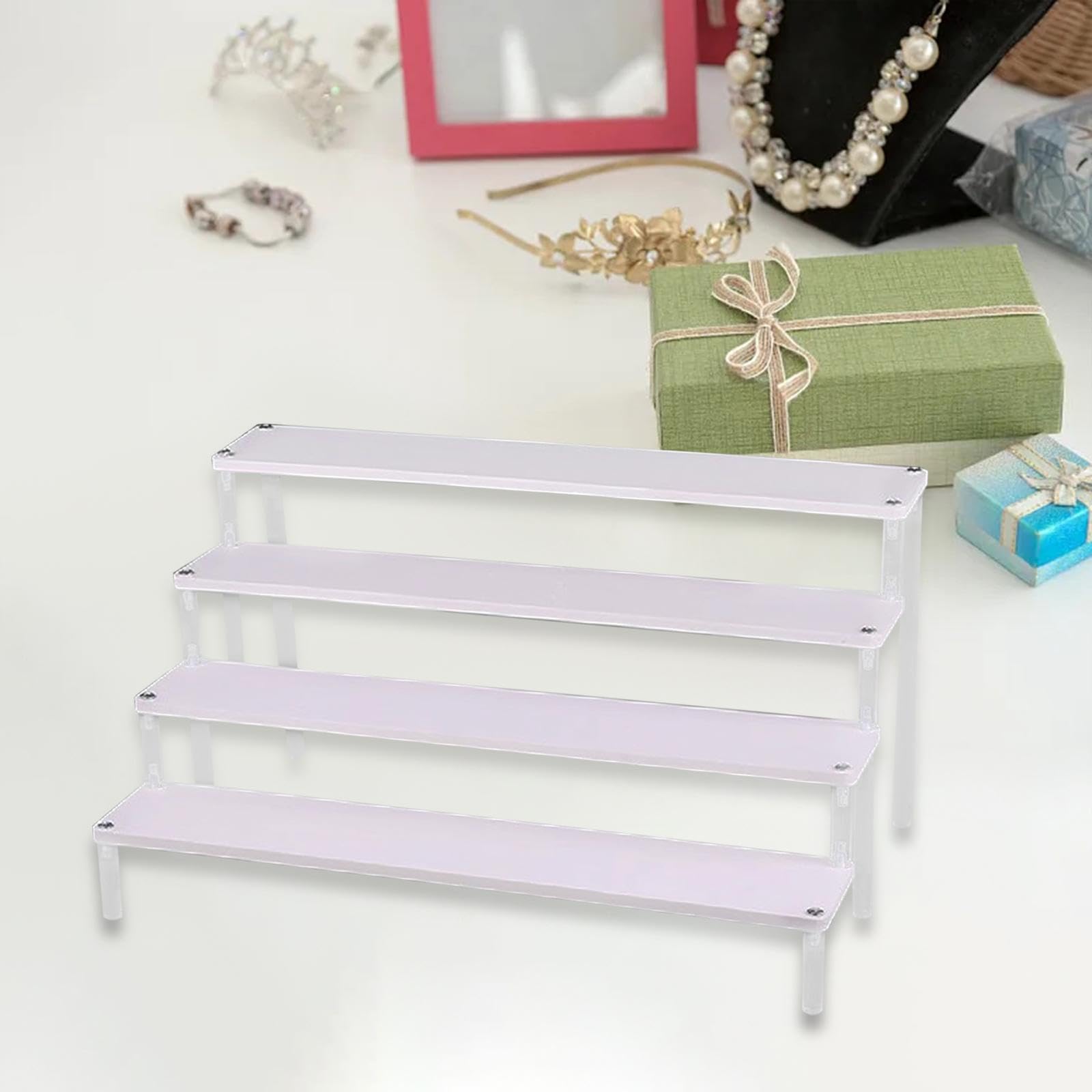 Présentoir surélevé en Bois et Acrylique Escalier de Rangement pour Figurines Miniatures Étagère à Épices Organiseur D'Objets Adaptés pour Exposition, 4 Couches 50CM