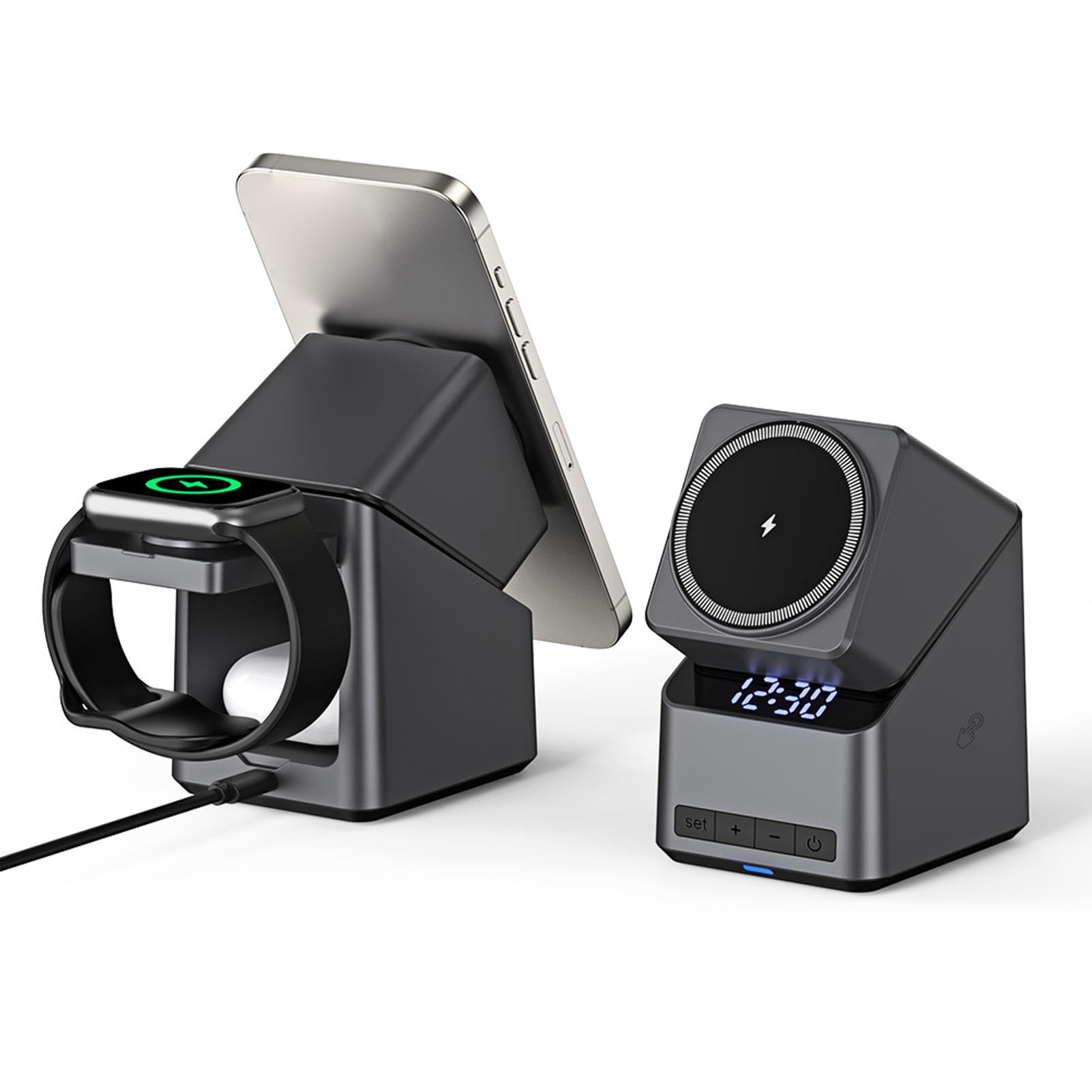 Fabater Stazione di Ricarica Wireless 4 in 1 per Telefono, Smartwatch, Auricolari, Supporto Magnetico per Caricabatterie con Rotazione di 180 Gradi e Display Orologio