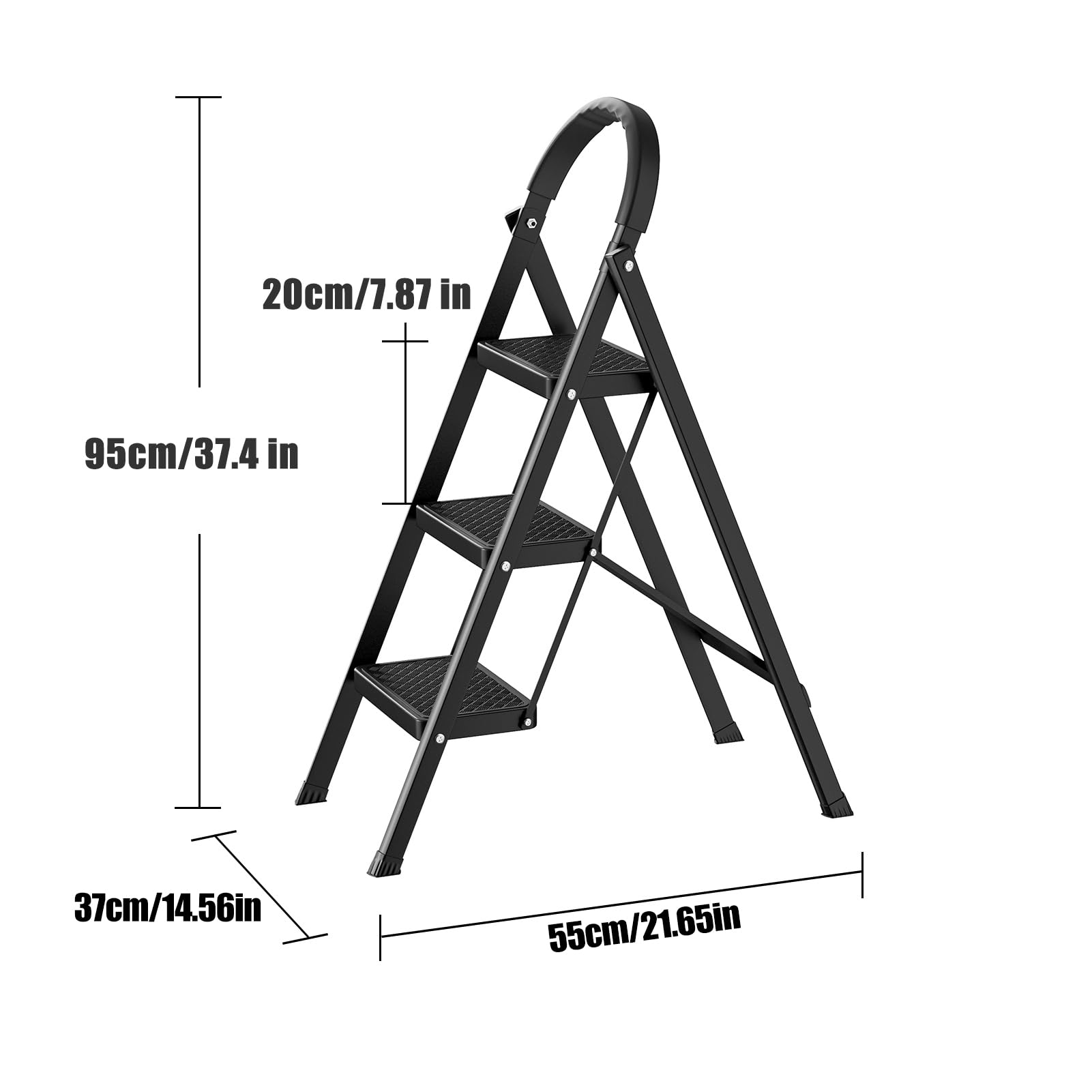 Escabeau 3 Marches Pliable, Escabeau Pliant Robuste Portée 150 kg, Petite Échelle Pliante avec Marches Anti-Dérapantes, Échelle de ménage pour Cuisine, Maison et Jardin (Noir)