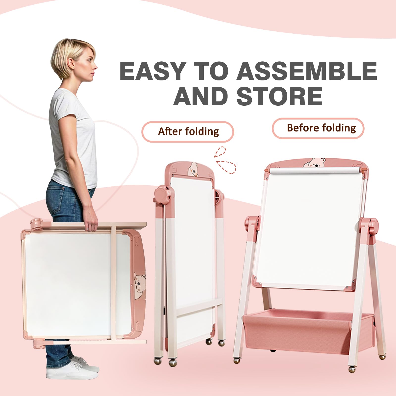 Caballetes para Niños 3 en 1 Pizarra Caballete Pintura Infantil de Doble Cara Plegable con Papel en Rollo Altura Ajustable Giratoria 360°, Pizarra con Caja de Almacenamiento para niños y niñas
