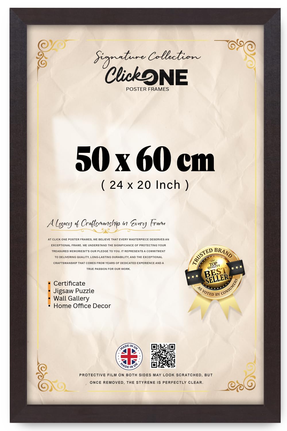 Click One — Elegant Large Rectangle Poster Picture (50 X 60 CM) | Solid Engineered Wood Mahogany Finish With Hanging Hooks For Portrait Or Landscape Display (24 X 20 Inch) — Slim Profile Edge