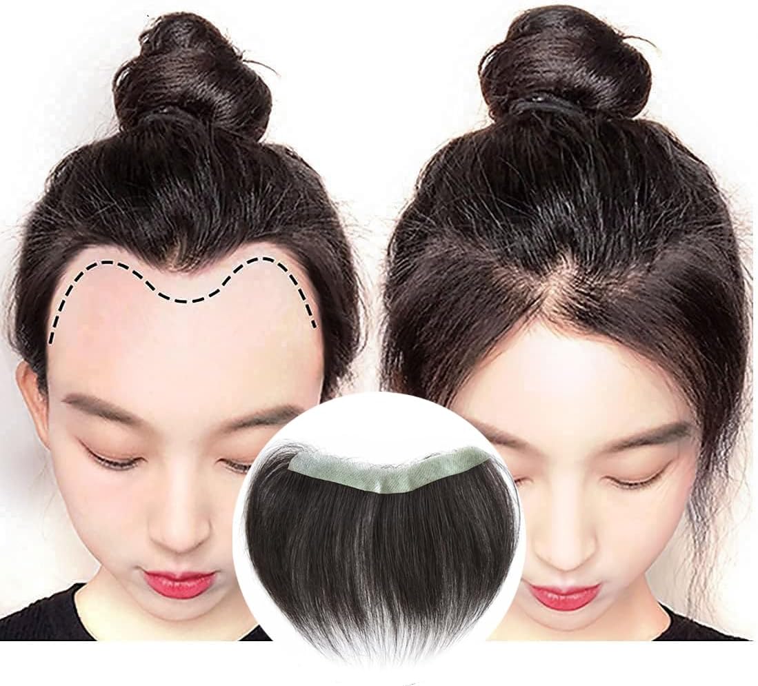 Frontal Hairpiece for Women Natural Black Hair Extension Hairline Loss Straight Tape in Human Hair Toppers Replacement Toupee (0.78"x6.3", 6", Natural Black)