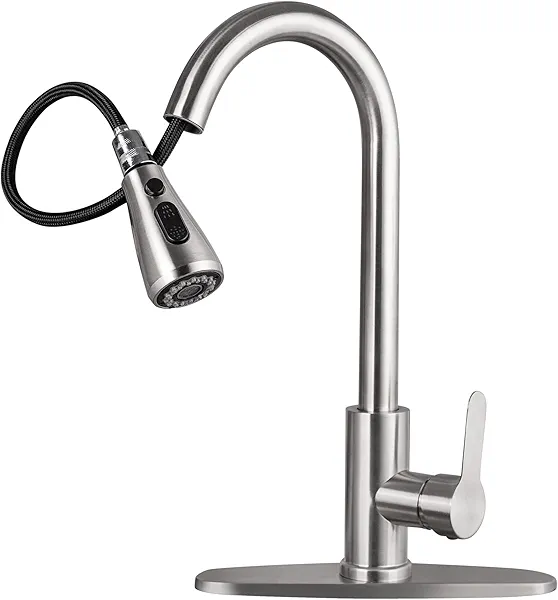 CILAIXI Kitchen Sink Faucet with Pull Down Sprayer with Deck Plate Home Handle Stainless Steel 360 High Arc Swivel Efficient Cleaning Brushed Out Kitchens Tap Faucets (Brushed Nickel)