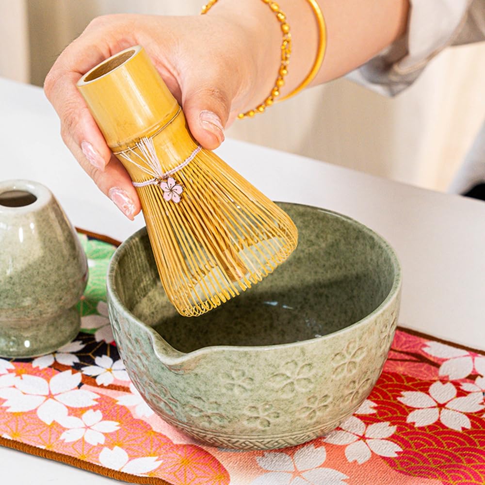 Juego de 8 batidores de matcha con caja de regalo negra, juego de kit de ceremonia de té tradicional japonés, juego de cuencos de cerámica esmaltada brillante para los amantes del té verde
