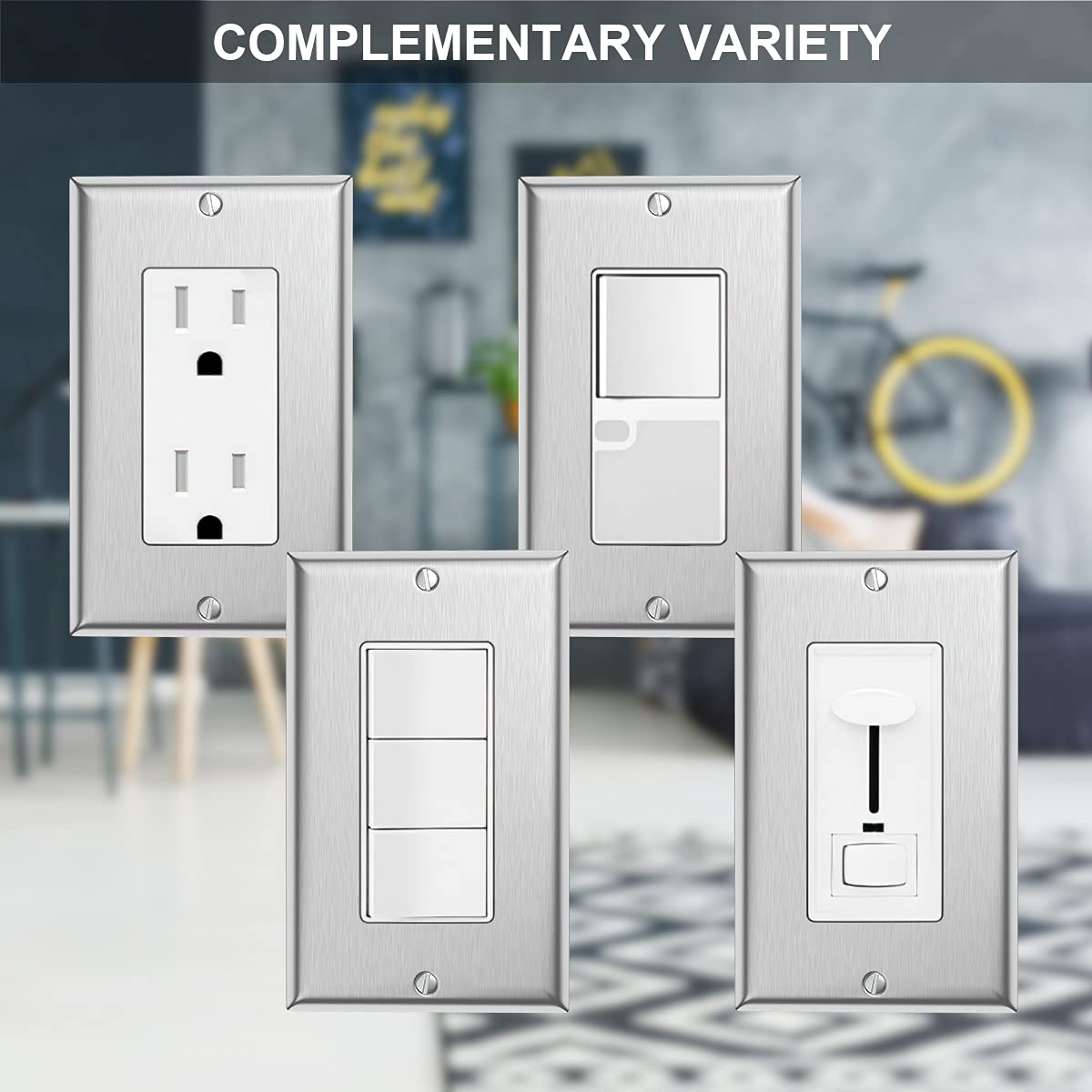Paquete de 20 placas de cubierta de enchufe de metal para interruptor de pared, 1 banda de acero inoxidable para interruptores de luz, atenuadores, GFCI, receptáculo, salida USB