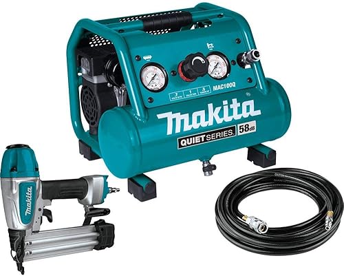 Makita MAC100QK1 Quiet Series 1/2 HP, 1 galón compacto, sin aceite, compresor de aire eléctrico y kit combinado de clavadora Brad calibre 18